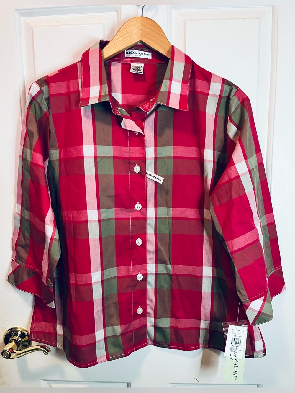 NWT Womens Rebecca Malone Plaid 3/4 Sleeve Cotton Blend Button-Down Top